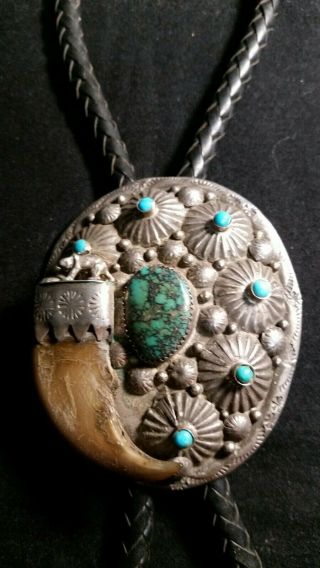 Massive Vintage Johnny Blue Jay Sterling Silver Turquoise Bear Claw Bolo Tie