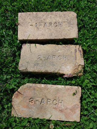 3 Antique Bricks Labeled " 1 - Arch  2 - Arch  3 - Arch " Made At Mapleton Brick Ohio