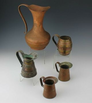 Large Antique Hand Hammered Copper Water Pitcher & 4 Small Primitive Measure Cup