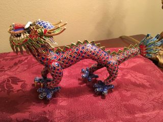 Vintage Chinese Cloisonne Dragon Figurine 10” Long Red,  Blue,  Green,  Gold