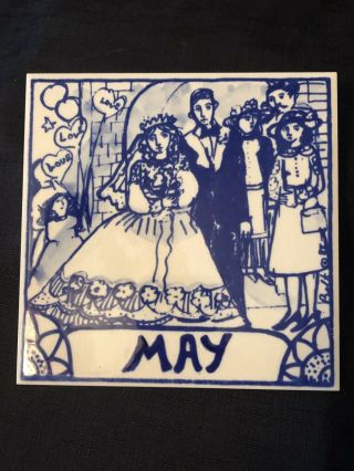 H&r Johnson Vintg Wall Tile Blue White May Love Wedding Bride Groom 6 " England
