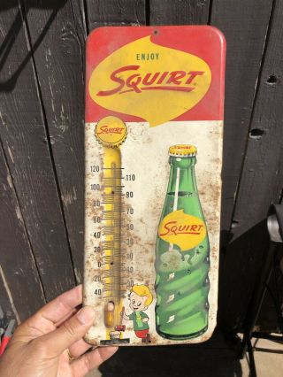 Vintage 1950s Squirt “lil Boy Version” Embossed Metal Thermometer Soda Pop Sign