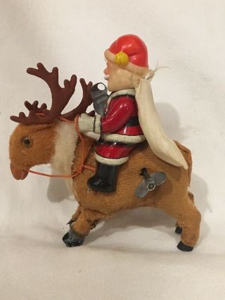 Vintage Frankonia Wind Up Mechanical Tin Toy Santa On Reindeer Hopping
