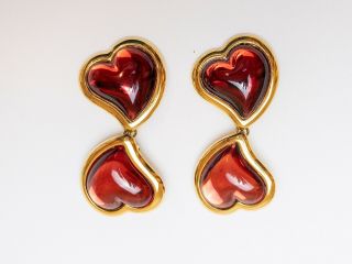 Authentic Ysl Yves Saint Laurent Rive Gauche Red Heart Earrings France Vintage