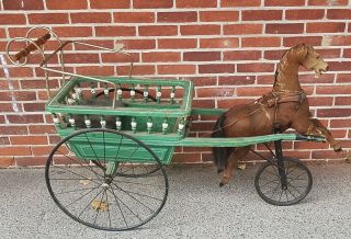 Large Antique Victorian Pram Carriage With Paint Hide Covered Horse