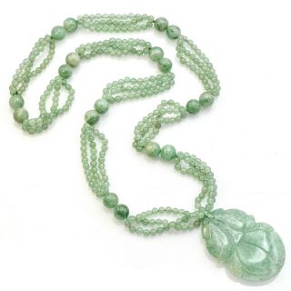 Vintage Carved Green Jade Multi Strand Beaded Necklace 97.  3 Grams 28 Inches