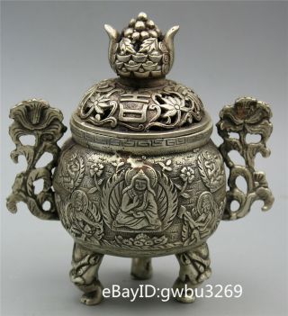 Chinese Tibet silver Hand carved Lucky and wealthy Buddha Incense Burner 2