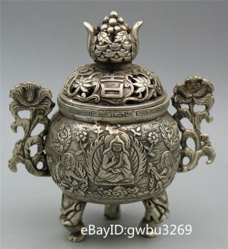 Chinese Tibet silver Hand carved Lucky and wealthy Buddha Incense Burner 3