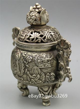 Chinese Tibet silver Hand carved Lucky and wealthy Buddha Incense Burner 4