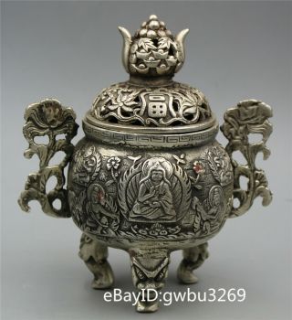 Chinese Tibet silver Hand carved Lucky and wealthy Buddha Incense Burner 5