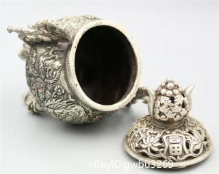 Chinese Tibet silver Hand carved Lucky and wealthy Buddha Incense Burner 6