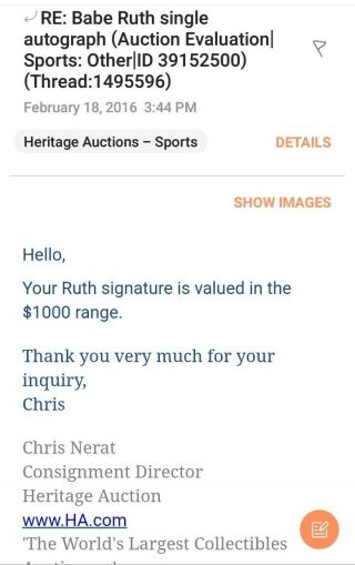 VINTAGE BABE RUTH CUT AUTOGRAPH,  Appraised by Heritage ( 5