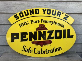 Vintage 1960 Pennzoil Motor Oil Gas Station 2 Sided 31 " Metal Sign