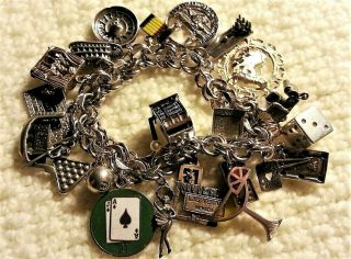 Heavy Vintage Sterling Silver Bracelet & Charms,  98.  3g,  Vegas,  Gaming & Boardwalk