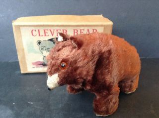Vintage Windup Brown Fur Clever Bear Walking & Head Bobbing Mechcanical Bear