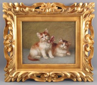 Antique Josef Heimerl Austrian Oil Painting,  Kittens Cats Carved Gold Gilt Frame