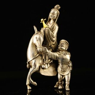 China Old Copper Plating Silver Hand - Made Gold Drawing Wang Zhaojun Statue E01a