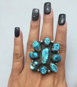 Statement Vintage Turquoise Cluster Ring Sterling Silver Size 10
