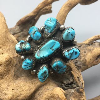 STATEMENT VINTAGE Turquoise Cluster Ring Sterling Silver Size 10 3