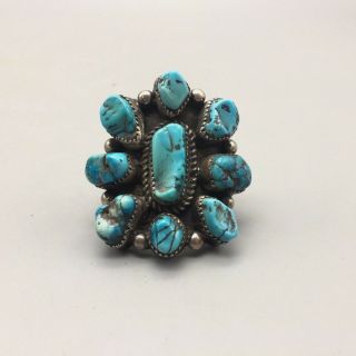 STATEMENT VINTAGE Turquoise Cluster Ring Sterling Silver Size 10 7