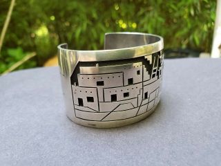 Wide Vintage Hopi solid Sterling Silver Cuff Bracelet Pueblo Houses Signed 2