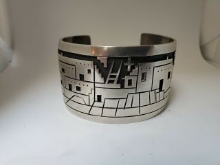 Wide Vintage Hopi solid Sterling Silver Cuff Bracelet Pueblo Houses Signed 9