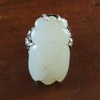 Vintage Massive Nephrite Jade Beetle Scarab Silver Signed Kac Germany Ring