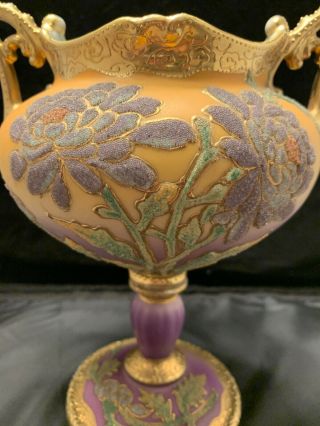 Antique Nippon Coralene Pedestal Vase Japan.  Ornate.  Gold.  Rich 10