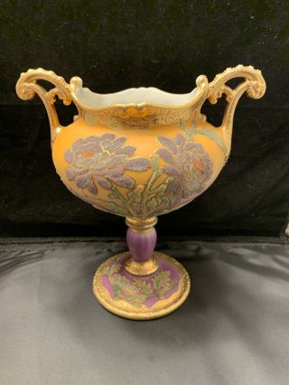 Antique Nippon Coralene Pedestal Vase Japan.  Ornate.  Gold.  Rich