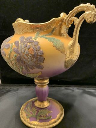 Antique Nippon Coralene Pedestal Vase Japan.  Ornate.  Gold.  Rich 7