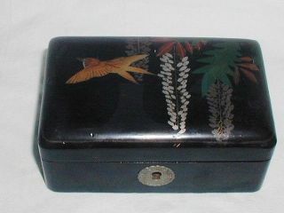 Antique Chinese Lacquer Box Bird Flowers Embossed Escutcheon