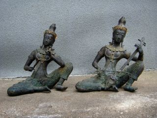 Vintage Antique Bronze Brass Large Statue Pair Music Instrument Thailand