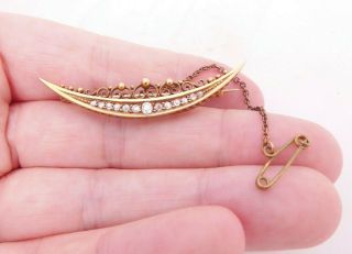 18ct Gold Old Cut Diamond Etruscan Crescent Brooch,  Victorian 18k 750