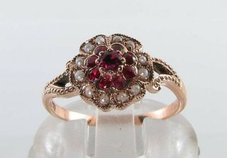 Lush Dainty 9k 9ct Rose Gold Indian Ruby Pearl Art Deco Ins Cluster Ring