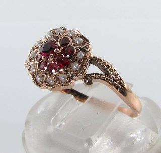 LUSH DAINTY 9K 9CT ROSE GOLD INDIAN RUBY PEARL ART DECO INS CLUSTER RING 2