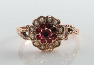 LUSH DAINTY 9K 9CT ROSE GOLD INDIAN RUBY PEARL ART DECO INS CLUSTER RING 3