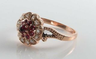 LUSH DAINTY 9K 9CT ROSE GOLD INDIAN RUBY PEARL ART DECO INS CLUSTER RING 4