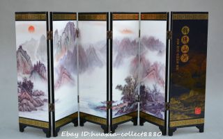 Collect China Lacquer Wood Art Painting Landscape Scenery Screen Folding Screen