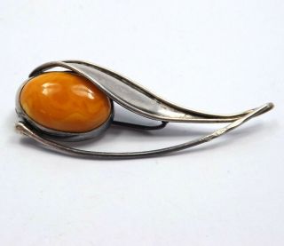 Vintage Jkw Sterling Silver Baltic Butterscotch Egg Yolk Amber Flower Brooch