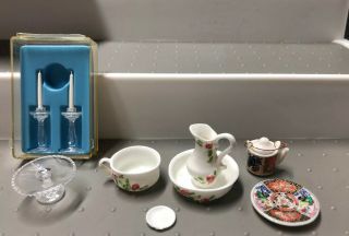 Vintage Dollhouse Miniatures Wash Basin,  Bowl,  Tea Pot Cake Plate &candle Holders