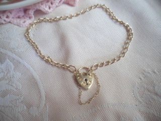 Antique Vintage 9ct Gold Heart Padlock Clasp 9 Ct Bracelet With Safety Chain