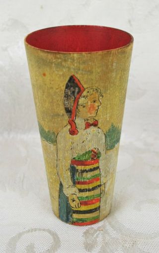 Antique Wood Carved Cup With Artist Hand Painted Swedish Woman Vintage Folk Art