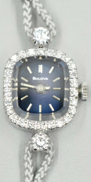 Vintage Ladies Art Deco Bulova Watch With Faceted Bezel In Solid 14k White Gold