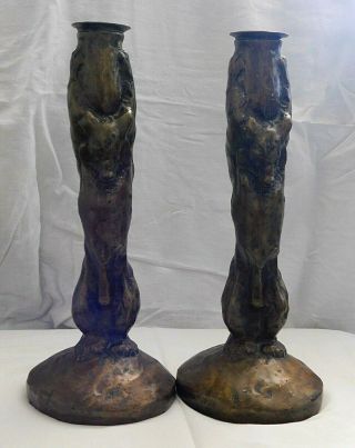 E.  W.  Deming Cast Bronze Manufactured Vintage Bear Candle Holders Sculptures