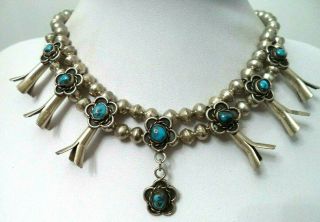 Vintage Sterling Silver Turquoise Squash Blossom Necklace 18.  5 64gr G722a