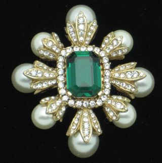 CINER Figural Cross Brooch Emerald Glass Pearl Rhinestone Pin 20 2