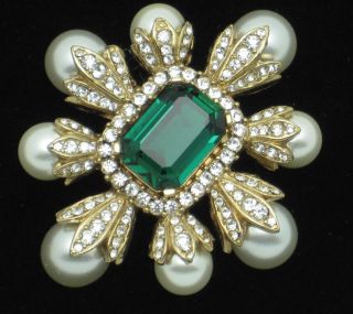 CINER Figural Cross Brooch Emerald Glass Pearl Rhinestone Pin 20 3