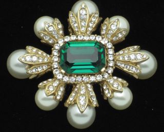 CINER Figural Cross Brooch Emerald Glass Pearl Rhinestone Pin 20 5