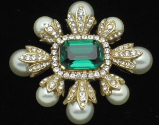 CINER Figural Cross Brooch Emerald Glass Pearl Rhinestone Pin 20 6