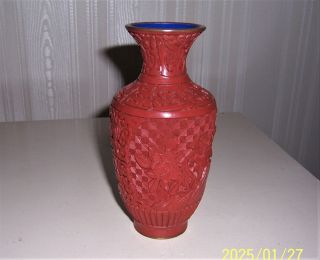 Vintage Red Chinese Cinnabar Lacquer Floral Brass Vase With Blue Enamel 6 "